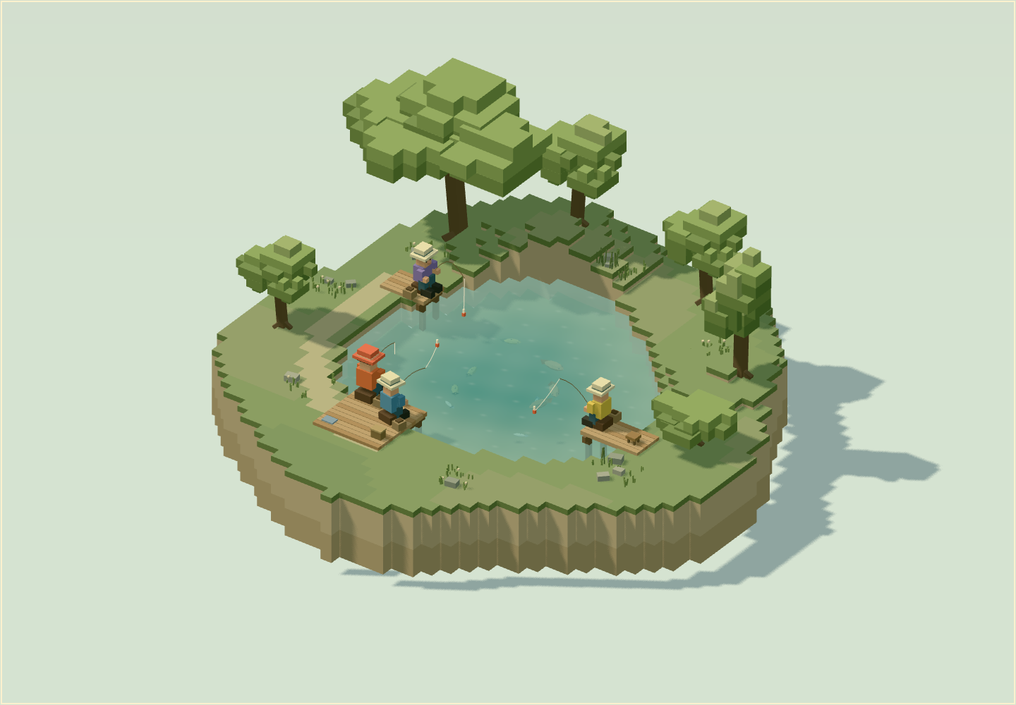 A miniature voxel pond with leafy trees, wooden docks and four friends fishing together.